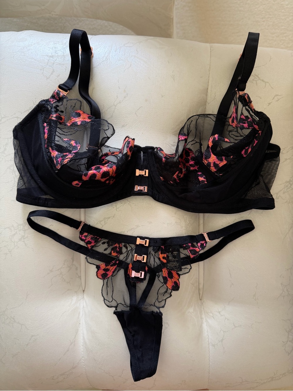 Honey Birdette Black Sheer Mesh Bra & Thong with Pink and Orange Embroidery